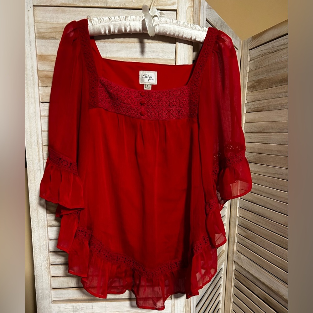Beige by ECI Red Sheer Lace Blouse